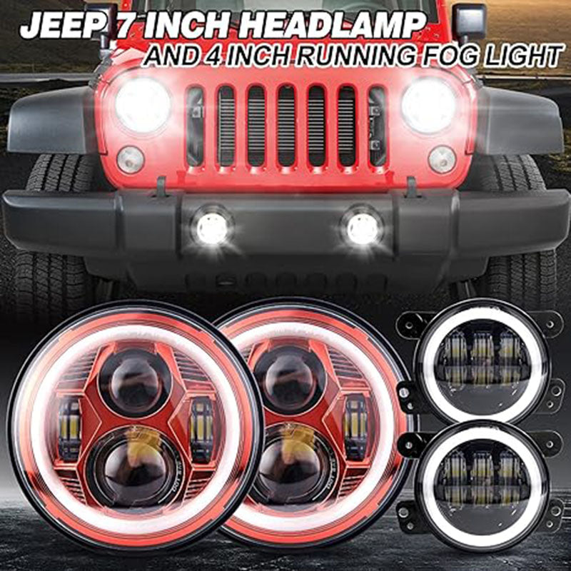 7-inch Spider Headlights - Red With  Halo  - 4-inch Fog Lights Black - With  Halo  -  4pcs In Set