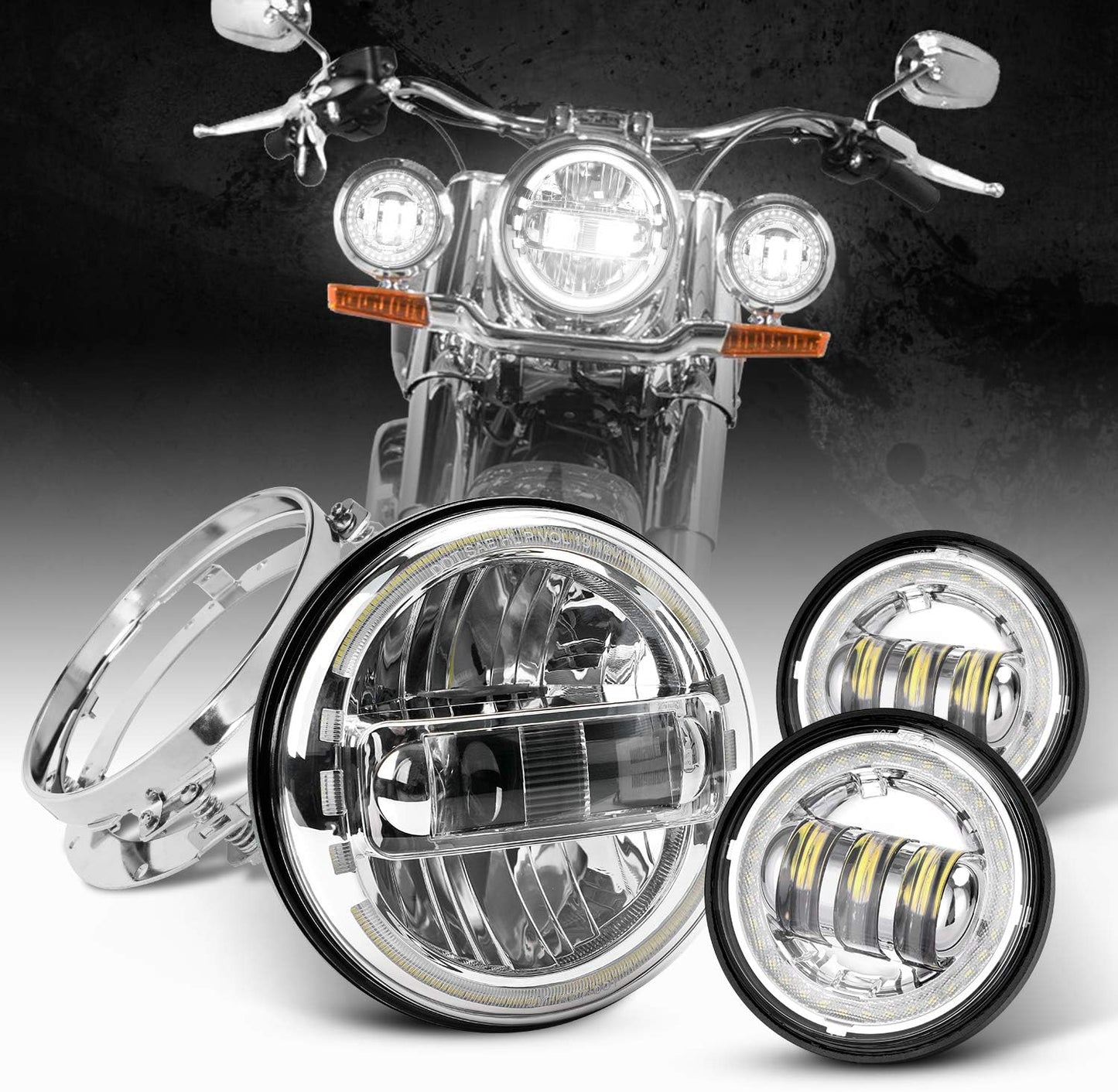 7 Inch King Kong Headlight Silver-4.5 Inch Fog Lamp Silver-With Halo and Devil Eyes-With 7-Inch Silver Bracket-3PCS in a Set