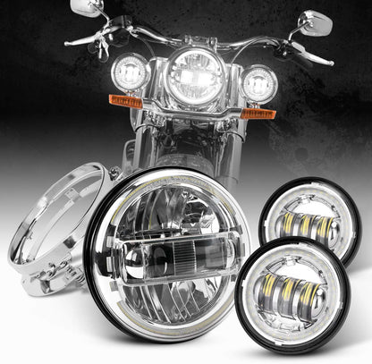 7 Inch King Kong Headlight Silver-4.5 Inch Fog Lamp Silver-With Halo and Devil Eyes-With 7-Inch Silver Bracket-3PCS in a Set