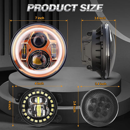 7-inch Spider Headlight-Orange with Iris-4-inch Clock Fog Light-Middle Mesh Light Black-Six Sets