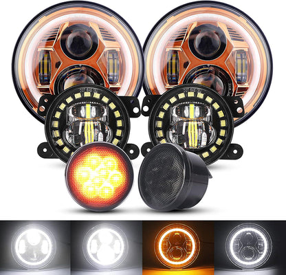 7-inch Spider Headlight-Orange with Iris-4-inch Clock Fog Light-Middle Mesh Light Black-Six Sets