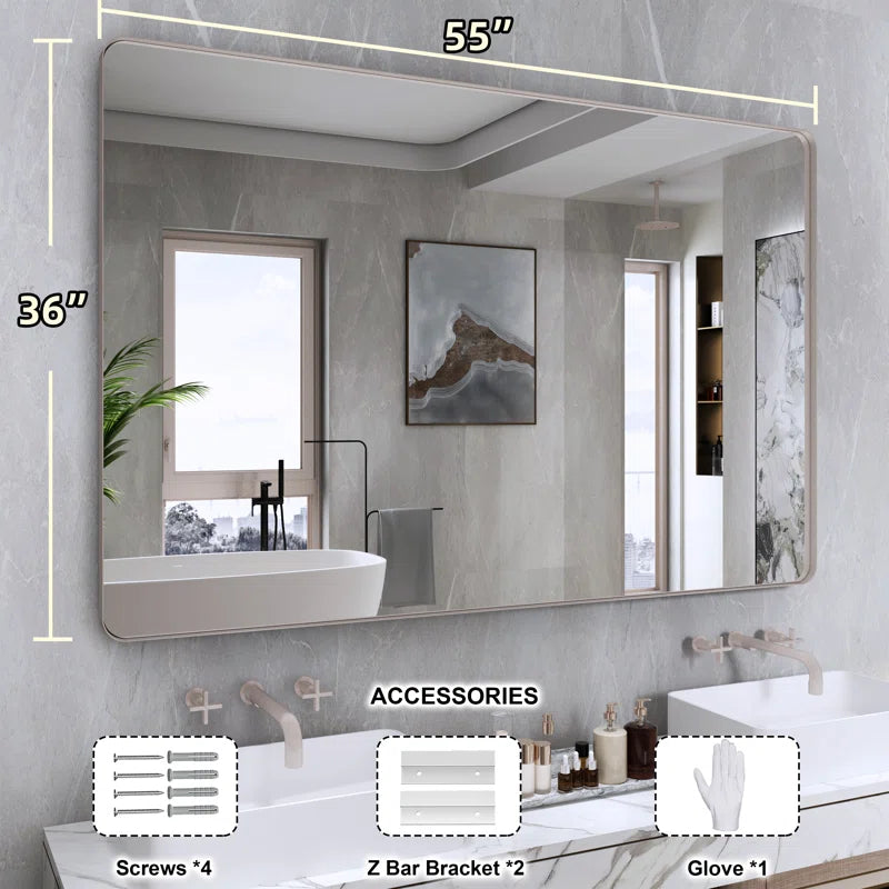 55" x 36"(Silver) Filleted Corner Wall Mounted Mirror, Bathroom Mirror, Vanity Wall Mirror With Metal Frame