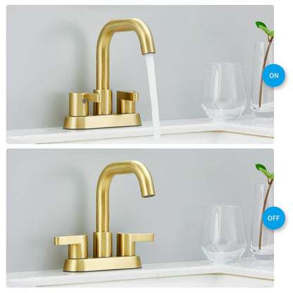 PK013-LJ-US  |  Bathroom Faucet 2 Handle 4 Inch Centerset Bathroom Sink Faucets 3 Hole with Pop Up Drain and Water Supply Lines, Brushed Gold