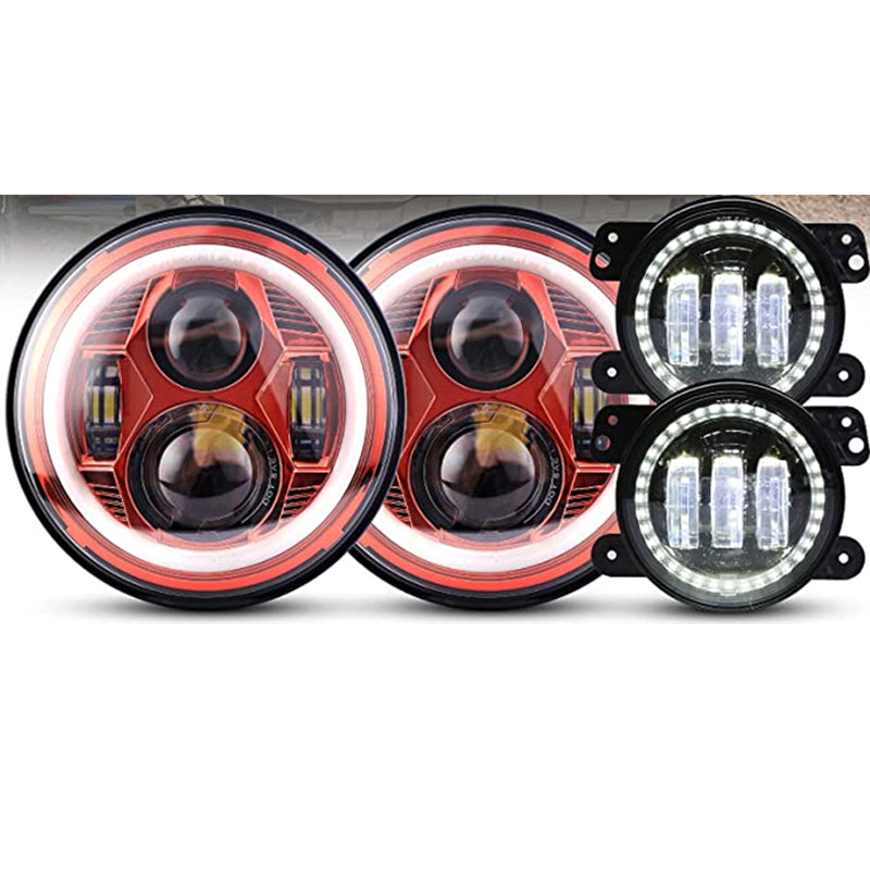 7-Inch Spider Headlights Red With Halo – 4-Inch Fog Lights Black – With Halo – 4PCS in Set