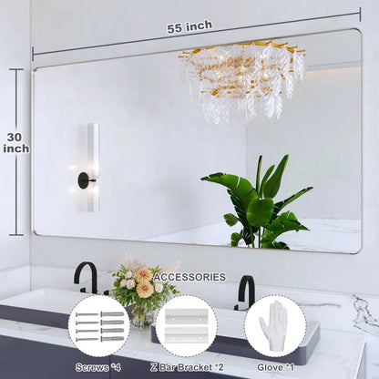 55" X 30"(Silver)Filleted Corner Wall Mounted Mirror, Bathroom Mirror, Vanity Wall Mirror With Metal Frame