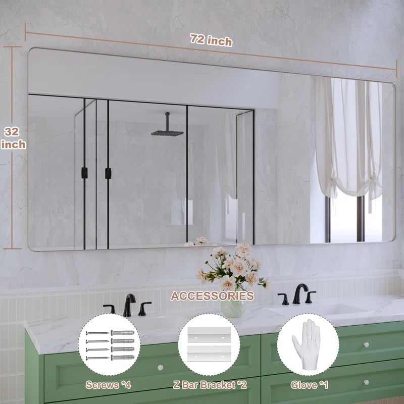 72" x 32" (Silver) Filleted Corner Wall Mounted Mirror, Bathroom Mirror, Vanity Wall Mirror With Metal Frame