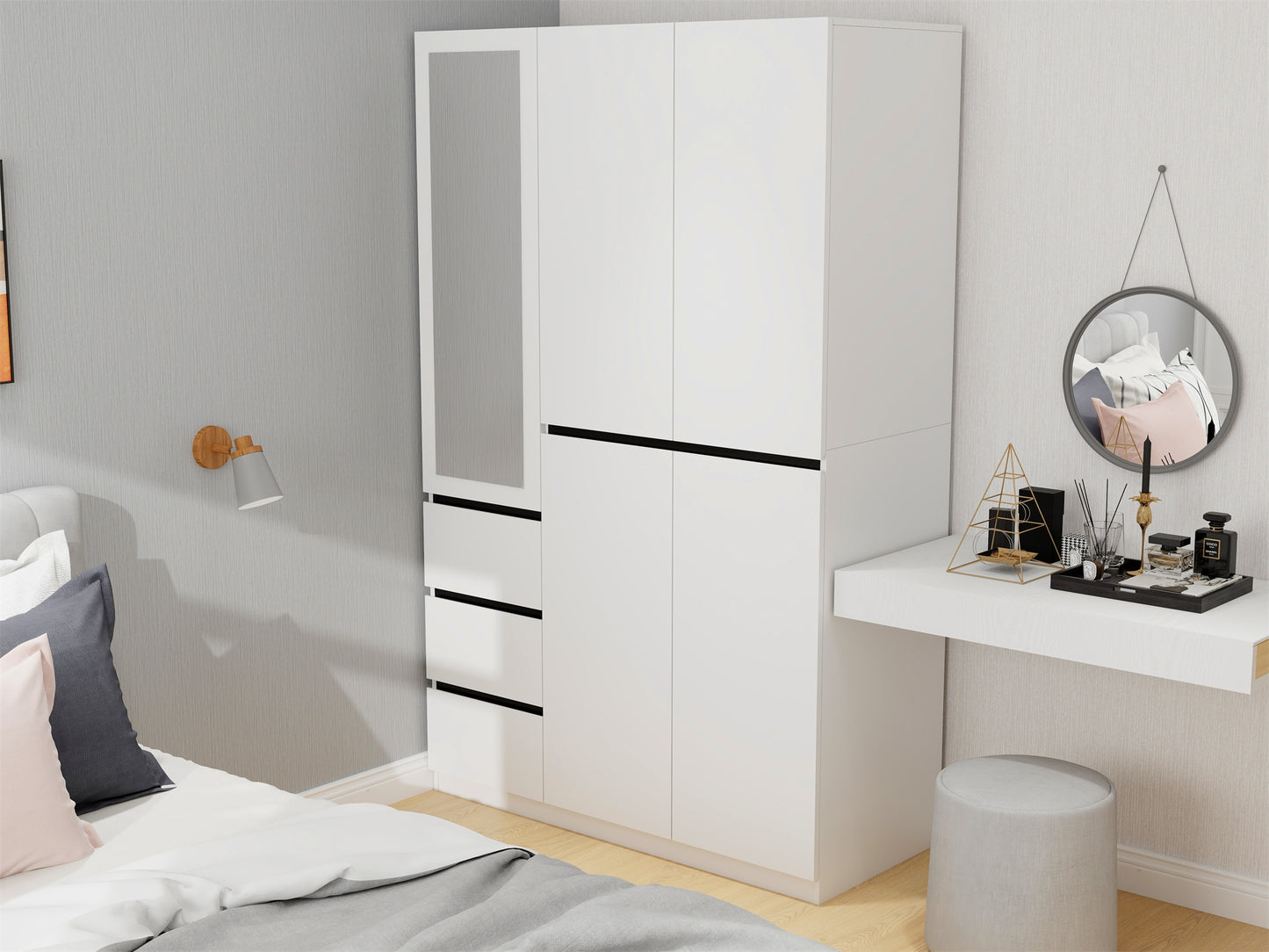 Three Drawer, Five Door Modern Wardrobe with Silver Mirror and No Pull Handle (2 packs of 2 cannot be sold separately)