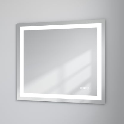 32" x 36" Tempered Glass Frameless LED Bathroom Mirror with Front and Backlight, Stepless Dimmable Wall Mirrors with Anti-Fog, 3 Colors, LED Vanity Mirror(Horizontal/Vertical)