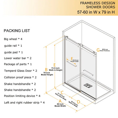 73" W x 79" H Frameless Shower Door with Advanced Closing System