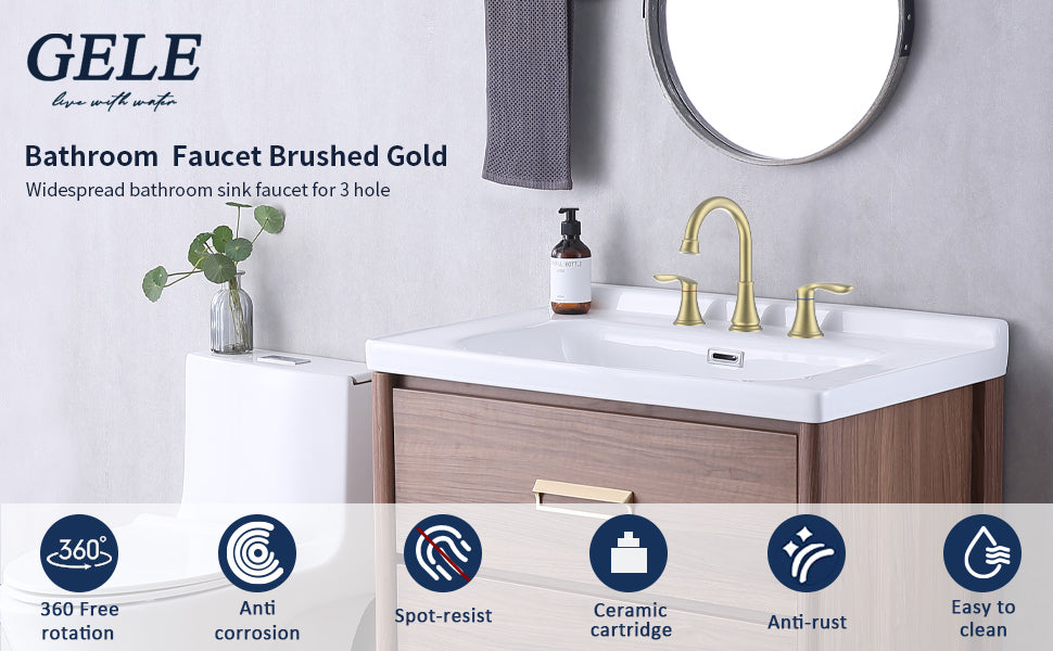 3008B-NA  |   2-Handle 8 inch Widespread Bathroom Sink Faucet Brushed Gold Lavatory Faucet 3 Hole 360° Swivel Spout Vanity Sink Basin Faucets 3008B-NA