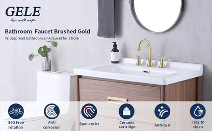 3008B-NA  |   2-Handle 8 inch Widespread Bathroom Sink Faucet Brushed Gold Lavatory Faucet 3 Hole 360° Swivel Spout Vanity Sink Basin Faucets 3008B-NA