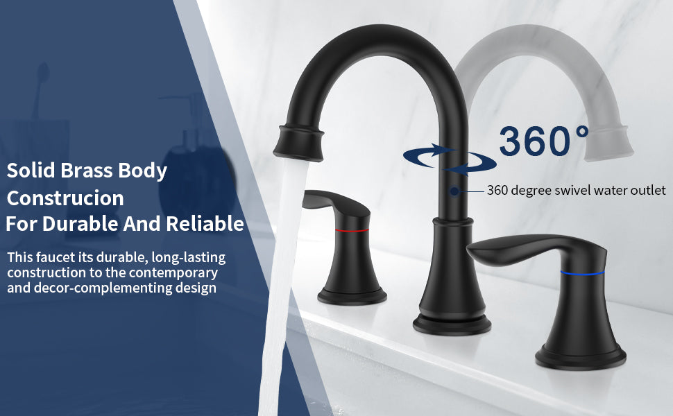 3008B-MB  |   2-Handle 8 inch Widespread Bathroom Sink Faucet Matt Black Lavatory Faucet 3 Hole 360° Swivel Spout Vanity Sink Basin Faucets 3008B-MB