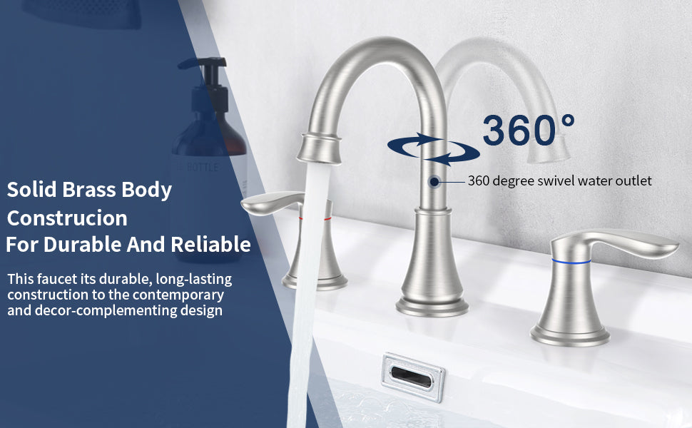 3007B-NP  |  2-Handle 8 inch Widespread Bathroom Sink Faucet Brushed Nickel Lavatory Faucet 3 Hole 360° Swivel Spout Vanity Sink Basin Faucets with Pop Up Drain Assembly and cUPC Water Supply Hoses