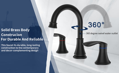 3007B-MB  |  2-Handle 8 inch Widespread Bathroom Sink Faucet Matt Black Lavatory Faucet 3 Hole 360° Swivel Spout Vanity Sink Basin Faucets 3008B-MB