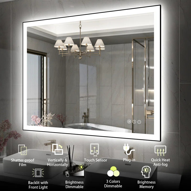 40"x32" Detjon Black Framed Anti-Fog LED Lighted Dimmable Wall Mounted Bathroom Vanity Mirror