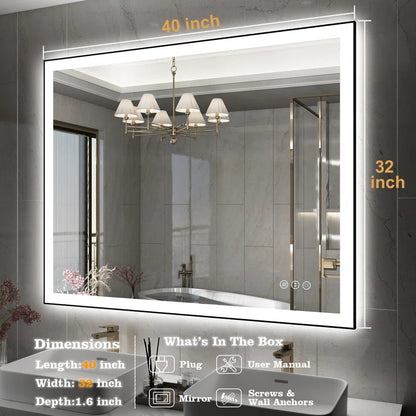 40"x32" Detjon Black Framed Anti-Fog LED Lighted Dimmable Wall Mounted Bathroom Vanity Mirror