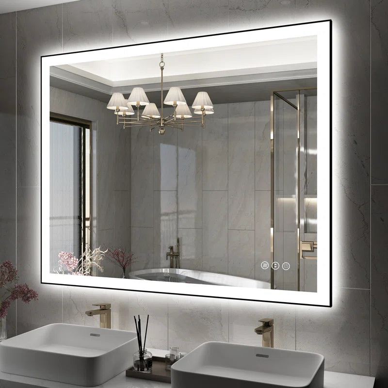 40"x32" Detjon Black Framed Anti-Fog LED Lighted Dimmable Wall Mounted Bathroom Vanity Mirror