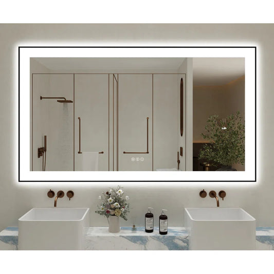 60" x 36" Detjon Black Framed Anti-Fog LED Lighted Dimmable Wall Mounted Bathroom Vanity Mirror