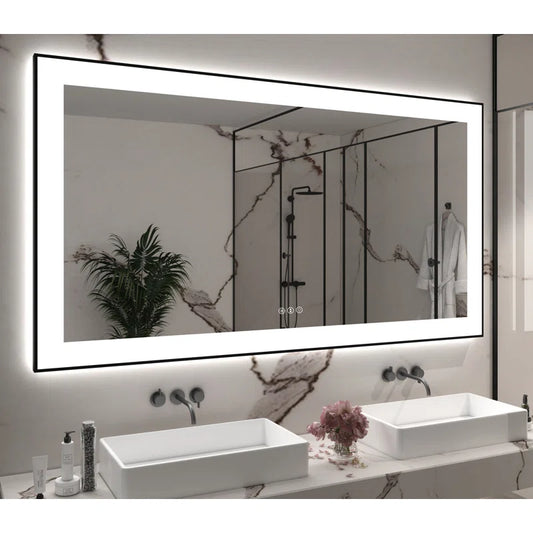 55" x 30" Detjon Black Framed Anti-Fog LED Lighted Dimmable Wall Mounted Bathroom Vanity Mirror
