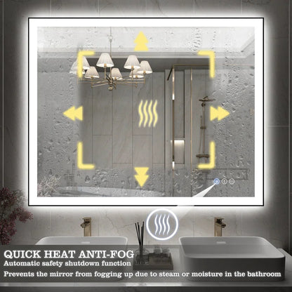 40"x32" Detjon Black Framed Anti-Fog LED Lighted Dimmable Wall Mounted Bathroom Vanity Mirror