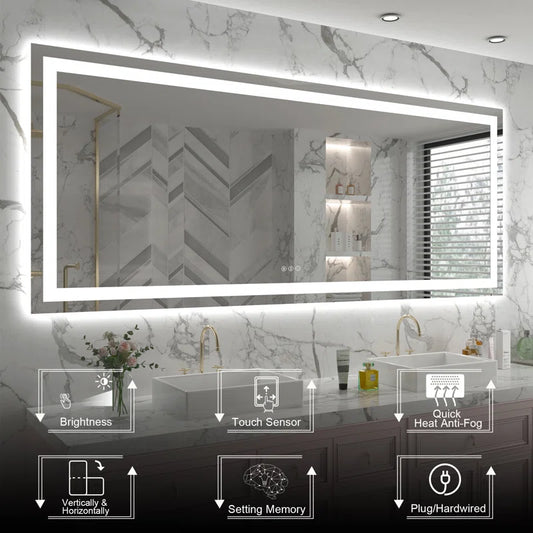 78" X 32" Tempered Glass Frameless LED Bathroom Mirror with Front and Backlight, Stepless Dimmable Wall Mirrors with Anti-Fog, 3 Colors, LED Vanity Mirror(Horizontal/Vertical)