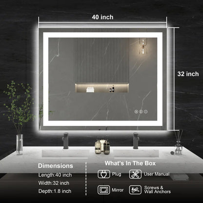 48" X 32" Tempered Glass Frameless LED Bathroom Mirror with Front and Backlight, Stepless Dimmable Wall Mirrors with Anti-Fog, 3 Colors, LED Vanity Mirror(Horizontal/Vertical)