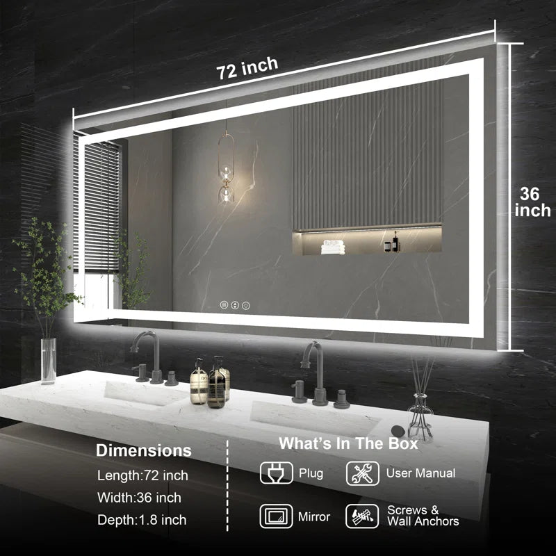 72" X 36" Tempered Glass Frameless LED Bathroom Mirror with Front and Backlight, Stepless Dimmable Wall Mirrors with Anti-Fog, 3 Colors, LED Vanity Mirror(Horizontal/Vertical)