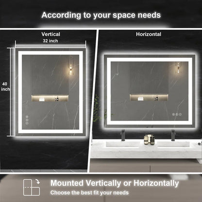 48" X 32" Tempered Glass Frameless LED Bathroom Mirror with Front and Backlight, Stepless Dimmable Wall Mirrors with Anti-Fog, 3 Colors, LED Vanity Mirror(Horizontal/Vertical)