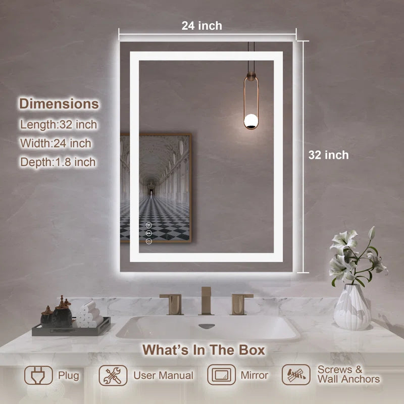 32" X 24" Tempered Glass Frameless LED Bathroom Mirror with Front and Backlight, Stepless Dimmable Wall Mirrors with Anti-Fog, 3 Colors, LED Vanity Mirror(Horizontal/Vertical)