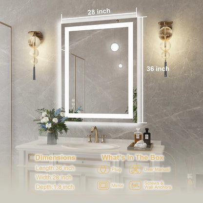 36" X 28" Tempered Glass Frameless LED Bathroom Mirror with Front and Backlight, Stepless Dimmable Wall Mirrors with Anti-Fog, 3 Colors, LED Vanity Mirror(Horizontal/Vertical)