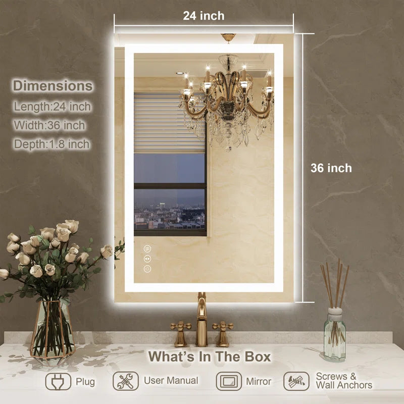 32" X 24" Tempered Glass Frameless LED Bathroom Mirror with Front and Backlight, Stepless Dimmable Wall Mirrors with Anti-Fog, 3 Colors, LED Vanity Mirror(Horizontal/Vertical)