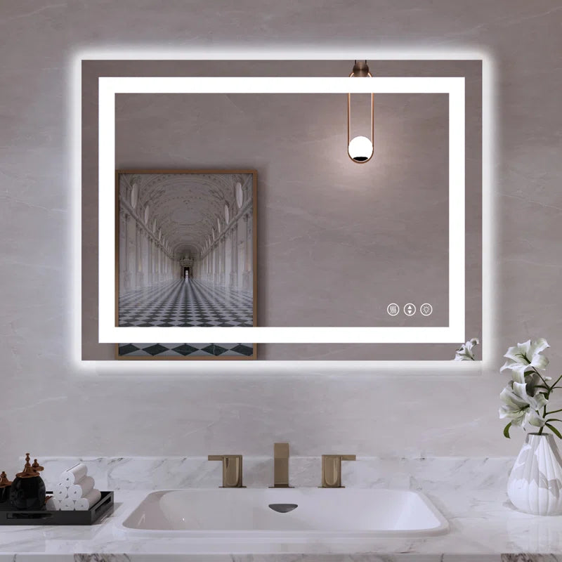 32" X 24" Tempered Glass Frameless LED Bathroom Mirror with Front and Backlight, Stepless Dimmable Wall Mirrors with Anti-Fog, 3 Colors, LED Vanity Mirror(Horizontal/Vertical)