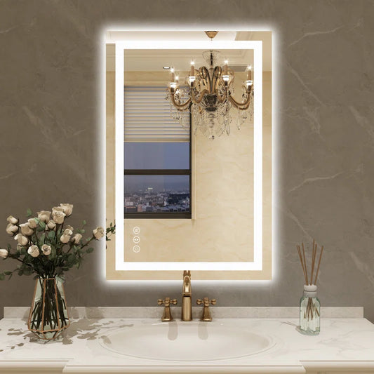 32" X 24" Tempered Glass Frameless LED Bathroom Mirror with Front and Backlight, Stepless Dimmable Wall Mirrors with Anti-Fog, 3 Colors, LED Vanity Mirror(Horizontal/Vertical)