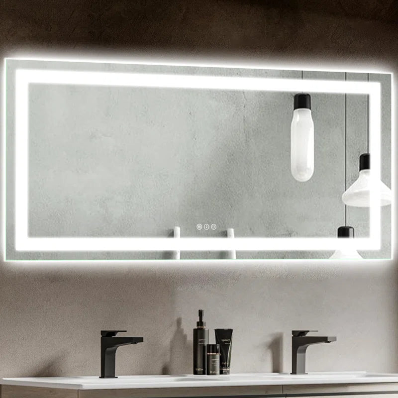 60''x28'' Tempered Glass Frameless LED Bathroom Mirror with Front and Backlight, Stepless Dimmable Wall Mirrors with Anti-Fog, 3 Colors, LED Vanity Mirror(Horizontal/Vertical)