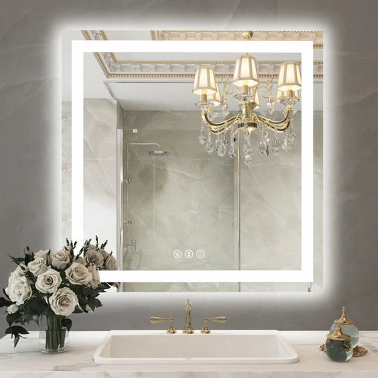 36" X 36" Tempered Glass Frameless LED Bathroom Mirror with Front and Backlight, Stepless Dimmable Wall Mirrors with Anti-Fog, 3 Colors, LED Vanity Mirror(Horizontal/Vertical)