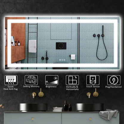 60''x28'' Tempered Glass Frameless LED Bathroom Mirror with Front and Backlight, Stepless Dimmable Wall Mirrors with Anti-Fog, 3 Colors, LED Vanity Mirror(Horizontal/Vertical)