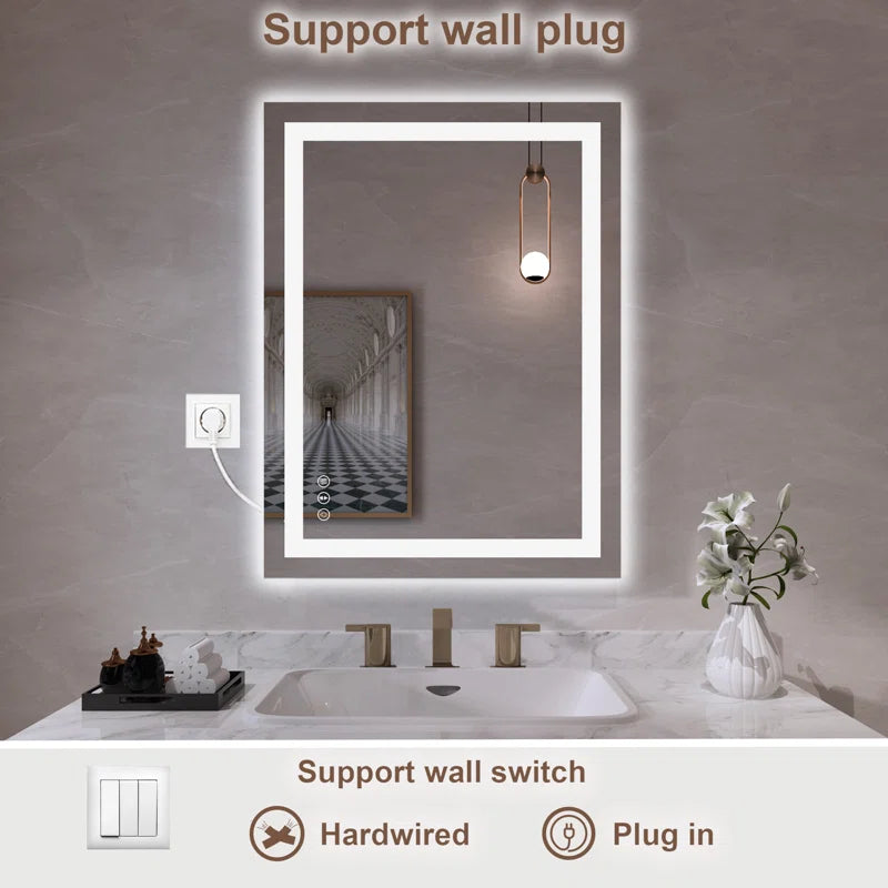 32" X 24" Tempered Glass Frameless LED Bathroom Mirror with Front and Backlight, Stepless Dimmable Wall Mirrors with Anti-Fog, 3 Colors, LED Vanity Mirror(Horizontal/Vertical)