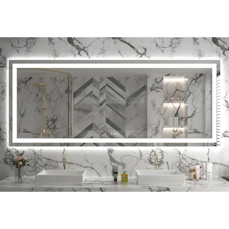 72" X 32" Tempered Glass Frameless LED Bathroom Mirror with Front and Backlight, Stepless Dimmable Wall Mirrors with Anti-Fog, 3 Colors, LED Vanity Mirror(Horizontal/Vertical)