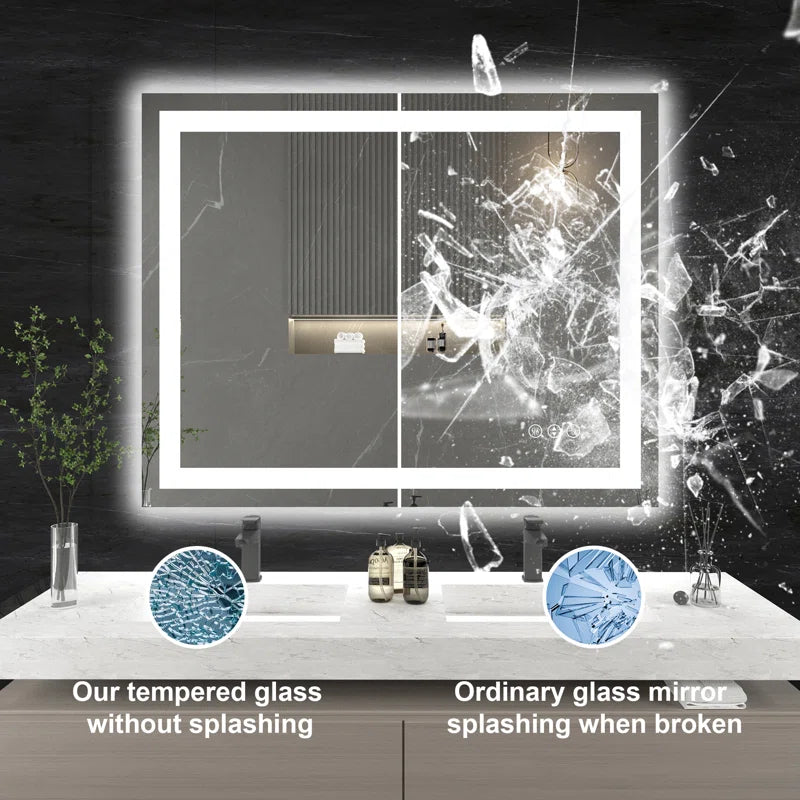 48" X 32" Tempered Glass Frameless LED Bathroom Mirror with Front and Backlight, Stepless Dimmable Wall Mirrors with Anti-Fog, 3 Colors, LED Vanity Mirror(Horizontal/Vertical)