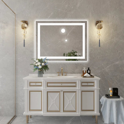 36" X 28" Tempered Glass Frameless LED Bathroom Mirror with Front and Backlight, Stepless Dimmable Wall Mirrors with Anti-Fog, 3 Colors, LED Vanity Mirror(Horizontal/Vertical)