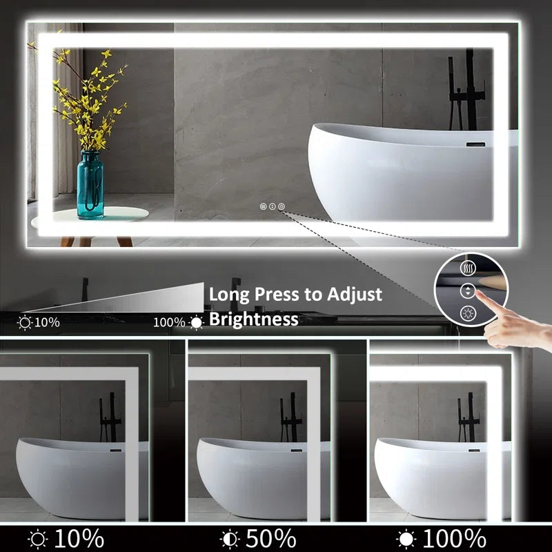 60''x28'' Tempered Glass Frameless LED Bathroom Mirror with Front and Backlight, Stepless Dimmable Wall Mirrors with Anti-Fog, 3 Colors, LED Vanity Mirror(Horizontal/Vertical)