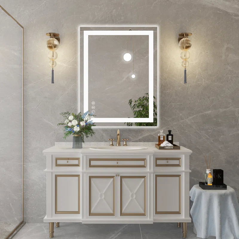 36" X 28" Tempered Glass Frameless LED Bathroom Mirror with Front and Backlight, Stepless Dimmable Wall Mirrors with Anti-Fog, 3 Colors, LED Vanity Mirror(Horizontal/Vertical)