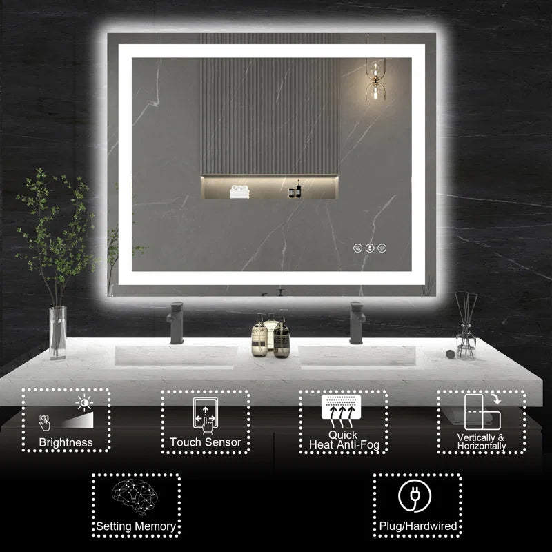 48" X 32" Tempered Glass Frameless LED Bathroom Mirror with Front and Backlight, Stepless Dimmable Wall Mirrors with Anti-Fog, 3 Colors, LED Vanity Mirror(Horizontal/Vertical)