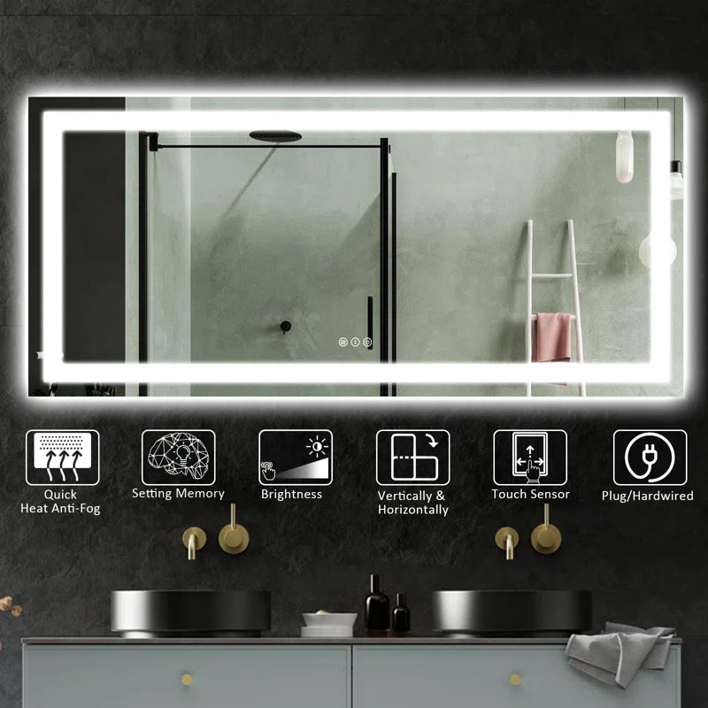 60''x28'' Tempered Glass Frameless LED Bathroom Mirror with Front and Backlight, Stepless Dimmable Wall Mirrors with Anti-Fog, 3 Colors, LED Vanity Mirror(Horizontal/Vertical)