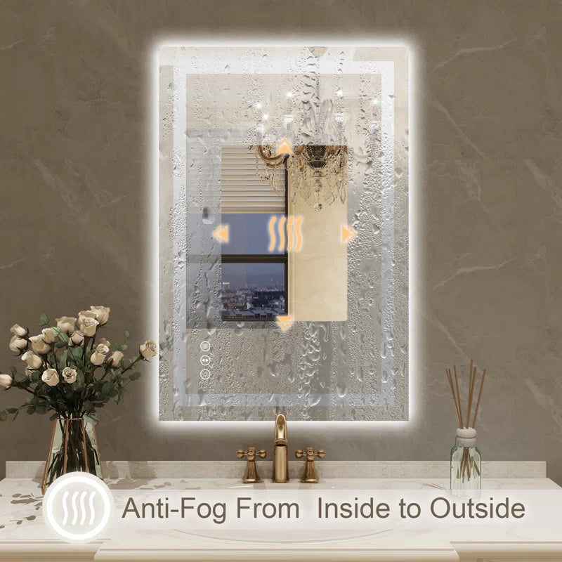 32" X 24" Tempered Glass Frameless LED Bathroom Mirror with Front and Backlight, Stepless Dimmable Wall Mirrors with Anti-Fog, 3 Colors, LED Vanity Mirror(Horizontal/Vertical)