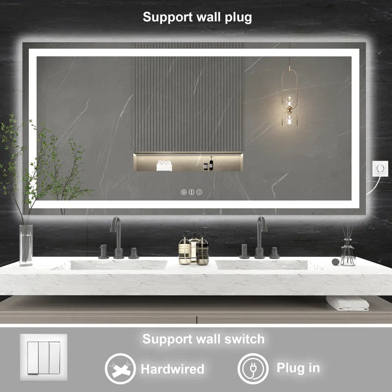 72" X 36" Tempered Glass Frameless LED Bathroom Mirror with Front and Backlight, Stepless Dimmable Wall Mirrors with Anti-Fog, 3 Colors, LED Vanity Mirror(Horizontal/Vertical)