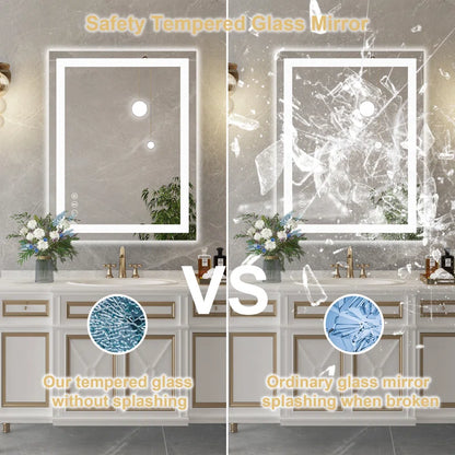 36" X 28" Tempered Glass Frameless LED Bathroom Mirror with Front and Backlight, Stepless Dimmable Wall Mirrors with Anti-Fog, 3 Colors, LED Vanity Mirror(Horizontal/Vertical)