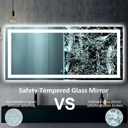 60''x28'' Tempered Glass Frameless LED Bathroom Mirror with Front and Backlight, Stepless Dimmable Wall Mirrors with Anti-Fog, 3 Colors, LED Vanity Mirror(Horizontal/Vertical)