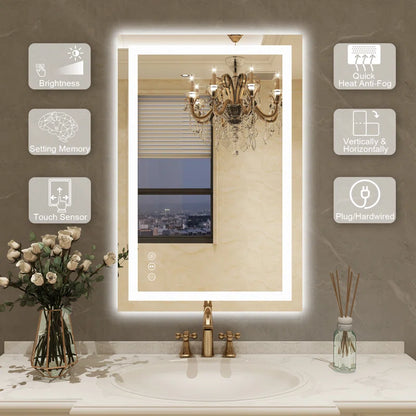 32" X 24" Tempered Glass Frameless LED Bathroom Mirror with Front and Backlight, Stepless Dimmable Wall Mirrors with Anti-Fog, 3 Colors, LED Vanity Mirror(Horizontal/Vertical)