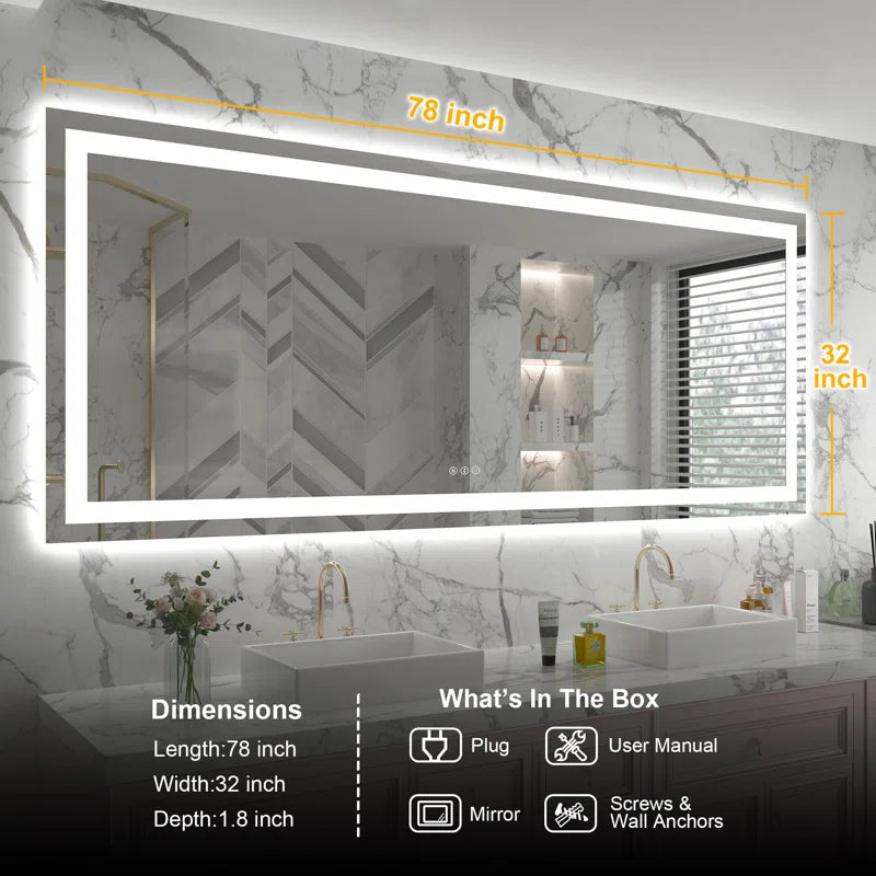 72" X 32" Tempered Glass Frameless LED Bathroom Mirror with Front and Backlight, Stepless Dimmable Wall Mirrors with Anti-Fog, 3 Colors, LED Vanity Mirror(Horizontal/Vertical)